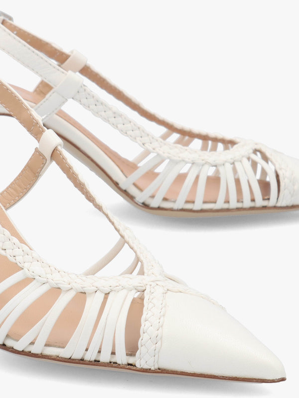 Nuri White Leather Plaited Cage Heel Sling Backs
