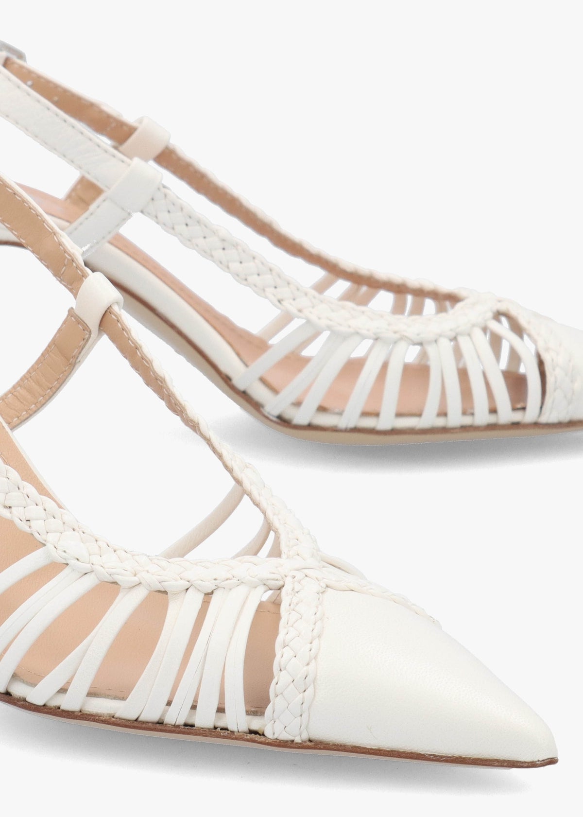 Nuri White Leather Plaited Cage Heel Sling Backs