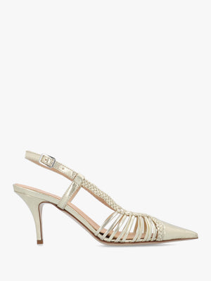 Nuri Gold Leather Plaited Cage Heel Sling Backs