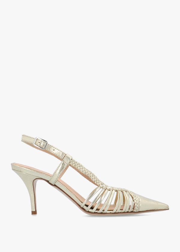 Nuri Gold Leather Plaited Cage Heel Sling Backs
