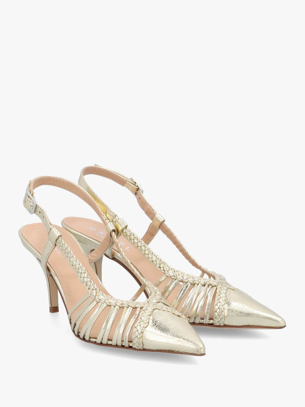 Nuri Gold Leather Plaited Cage Heel Sling Backs