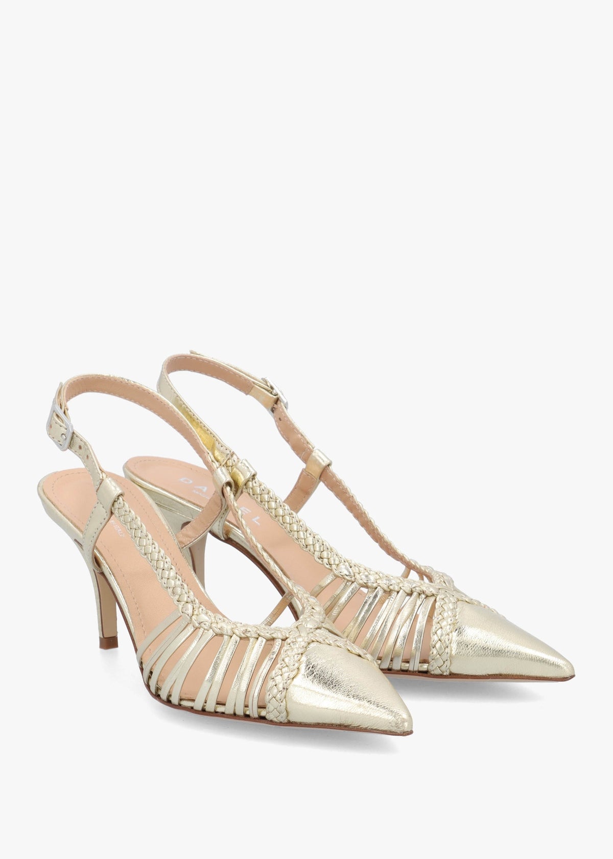 Nuri Gold Leather Plaited Cage Heel Sling Backs
