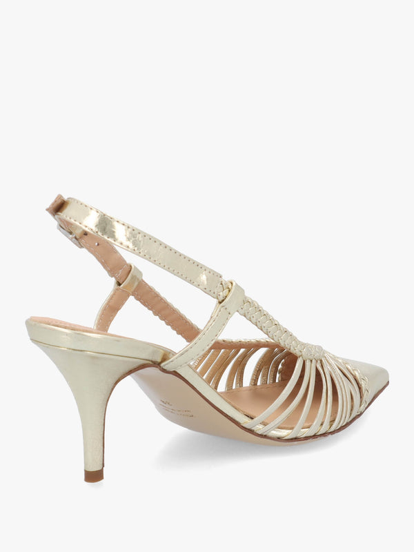 Nuri Gold Leather Plaited Cage Heel Sling Backs