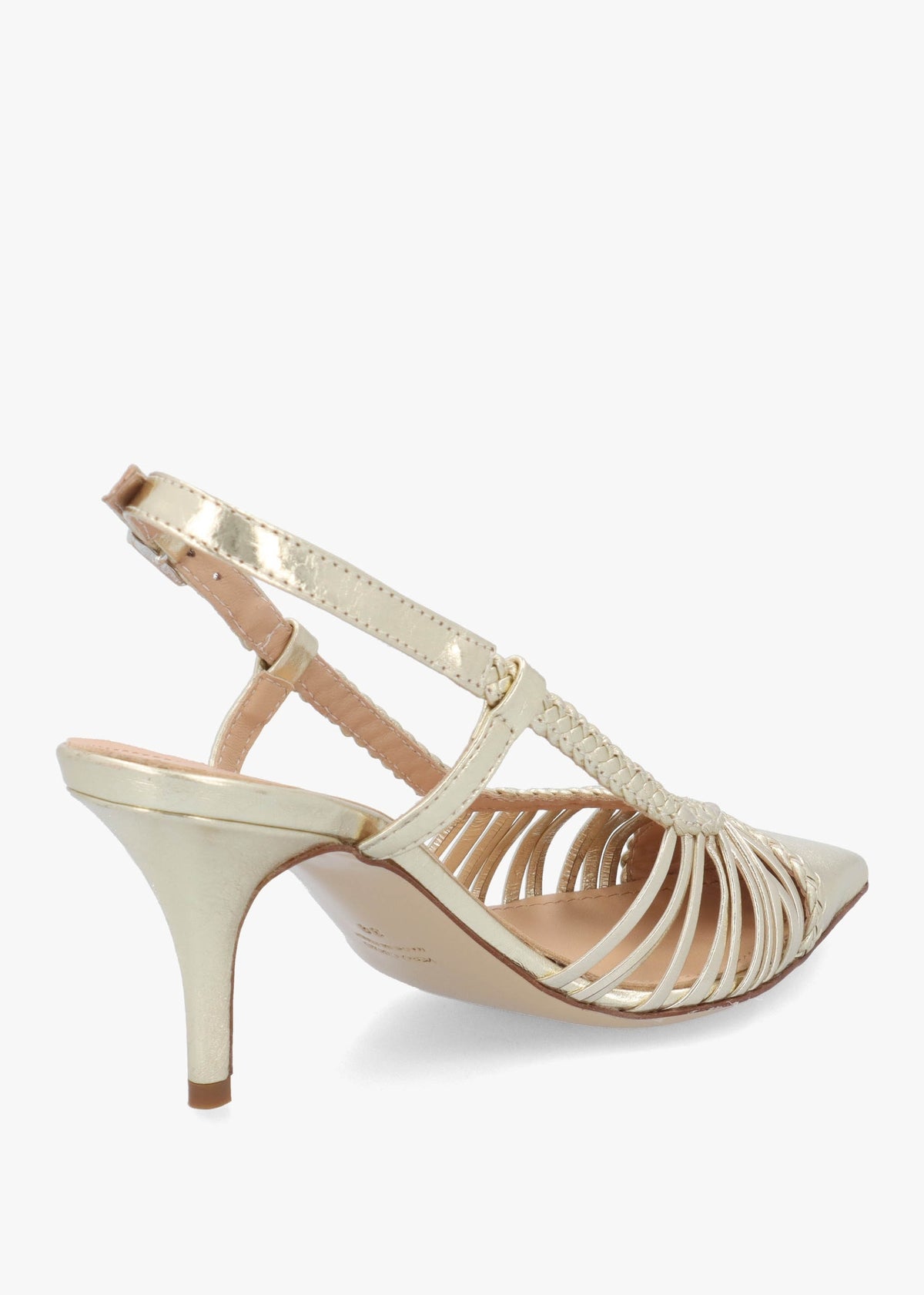 Nuri Gold Leather Plaited Cage Heel Sling Backs