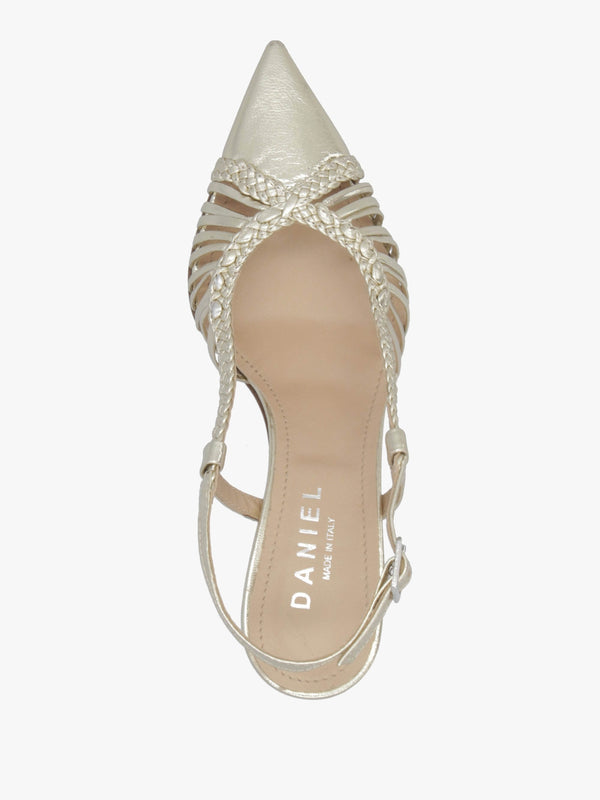 Nuri Gold Leather Plaited Cage Heel Sling Backs