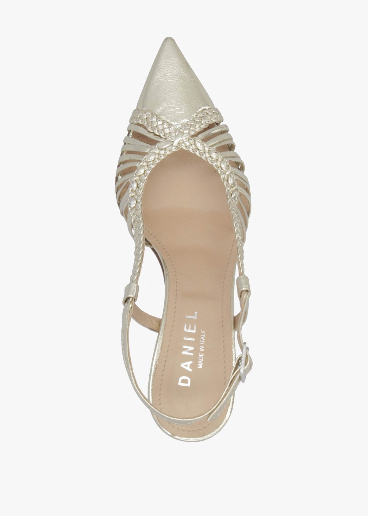 Nuri Gold Leather Plaited Cage Heel Sling Backs