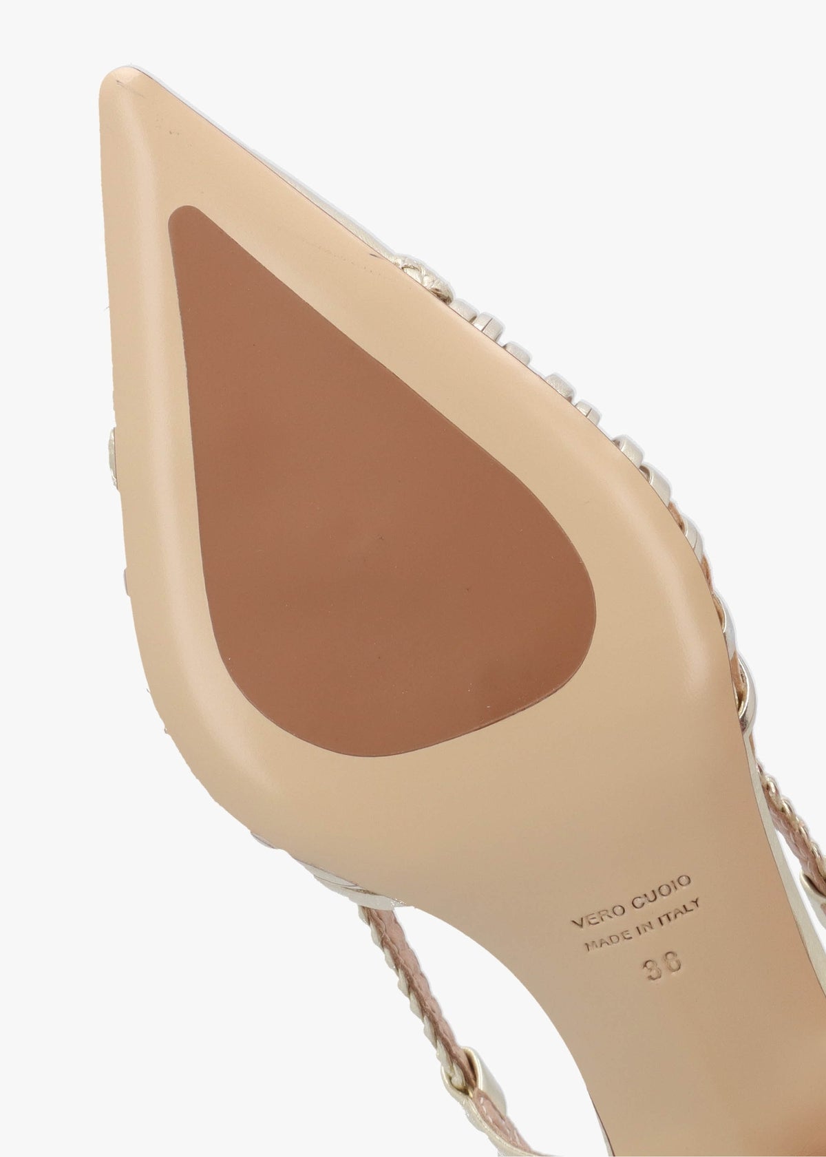 Nuri Gold Leather Plaited Cage Heel Sling Backs
