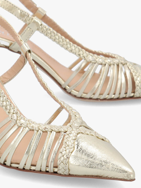 Nuri Gold Leather Plaited Cage Heel Sling Backs