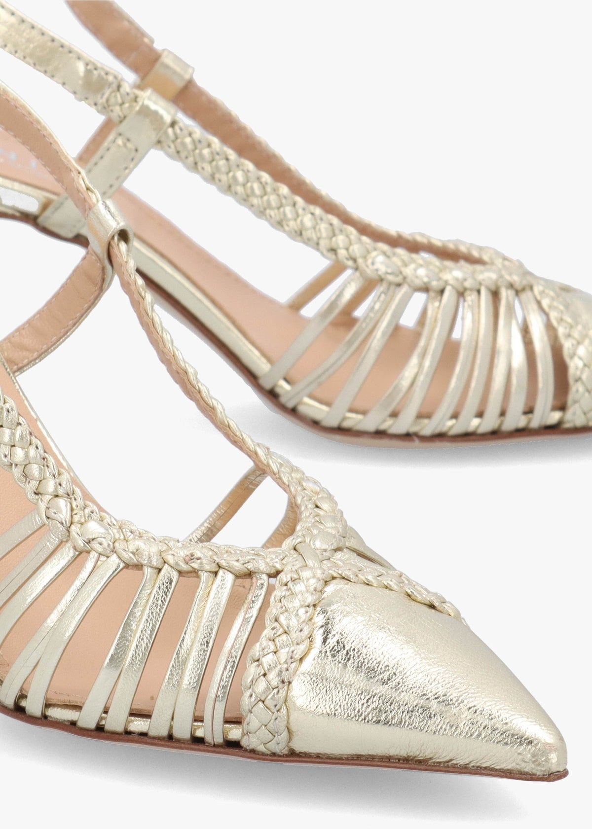 Nuri Gold Leather Plaited Cage Heel Sling Backs