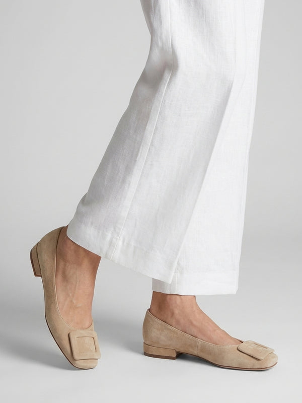 East Beige Suede Buckle Trim Flat Pumps