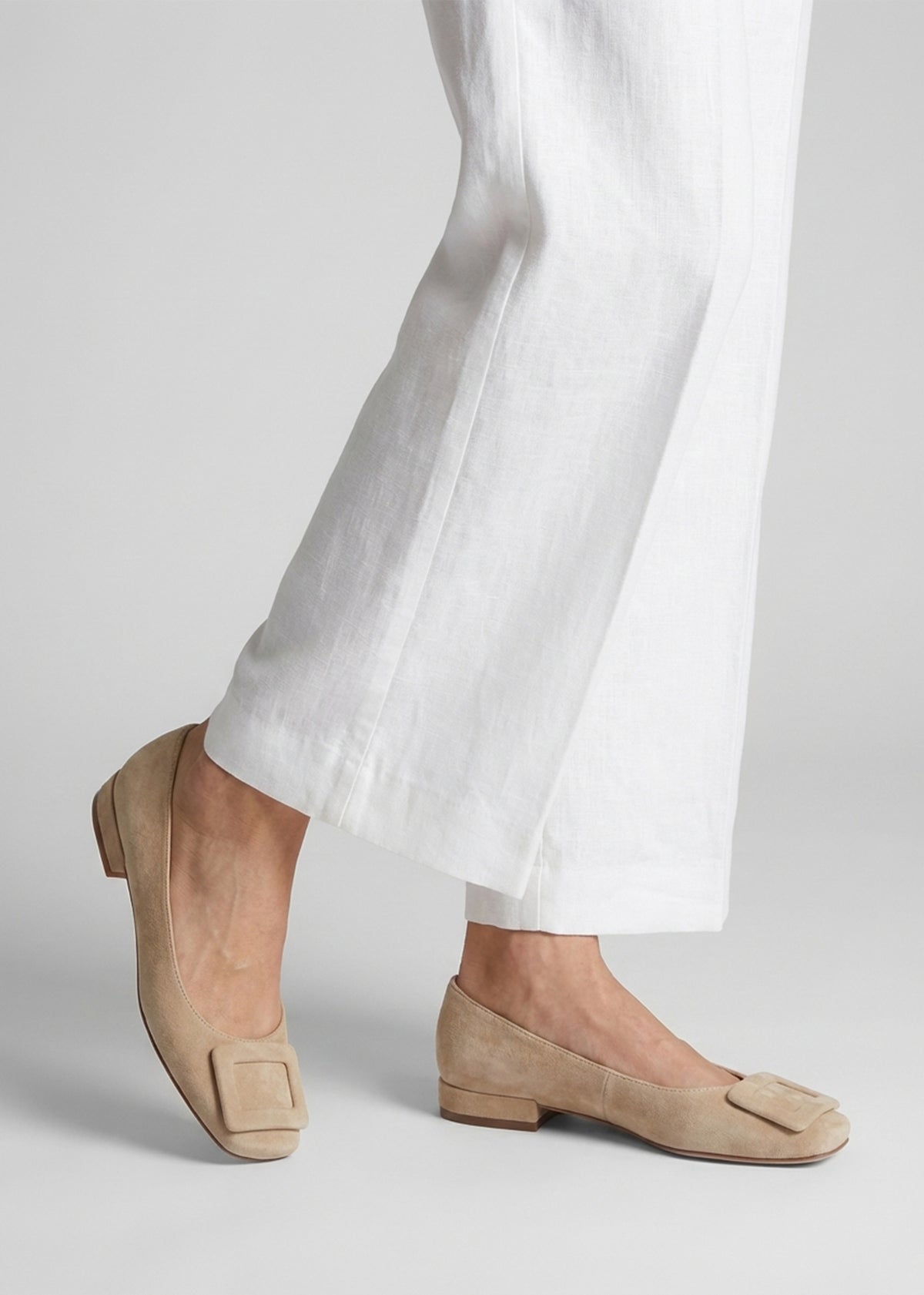East Beige Suede Buckle Trim Flat Pumps