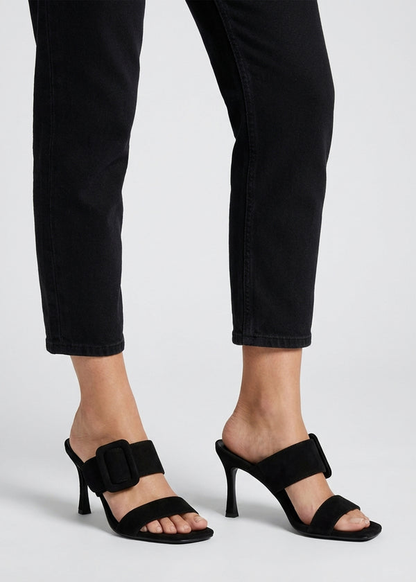 Eilish Black Suede Buckle Heeled Mules