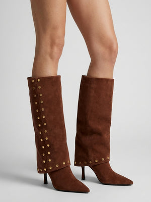Lootie Tan Fold Over Heeled Knee Boots