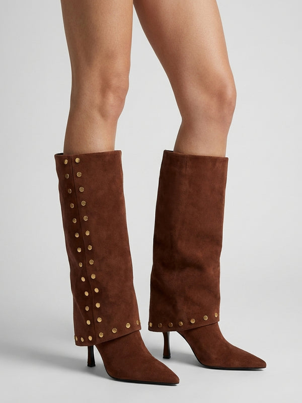 Lootie Tan Fold Over Heeled Knee Boots