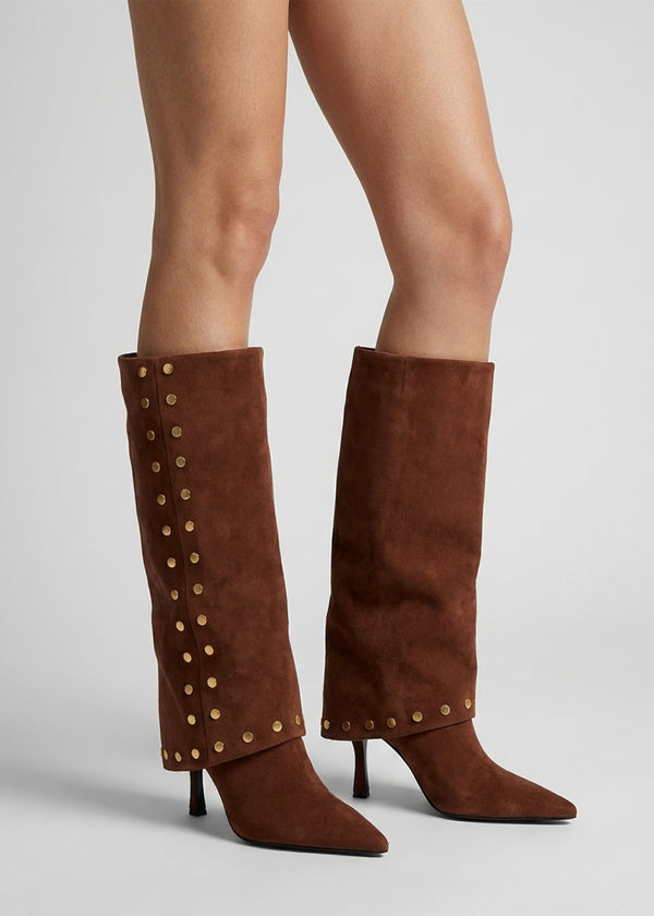 Lootie Tan Fold Over Heeled Knee Boots