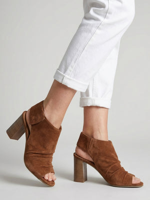 Moochy Tan Suede Ruched Block Heel Sandals