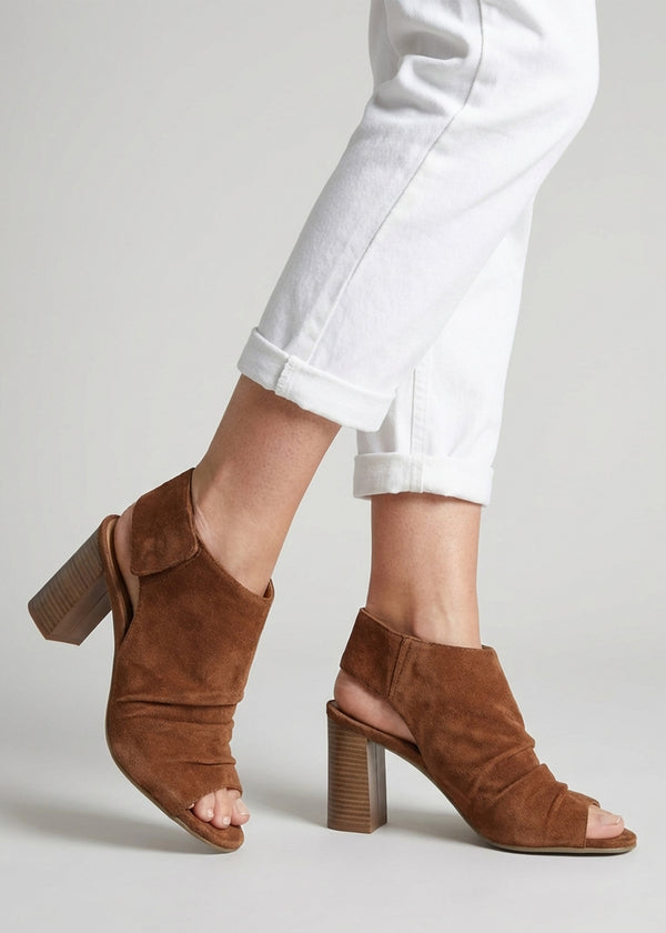 Moochy Tan Suede Ruched Block Heel Sandals