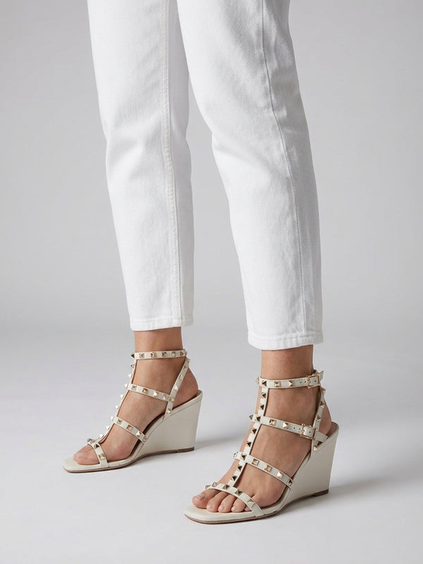 Pittedge Cream Leather Studded Wedge Sandals