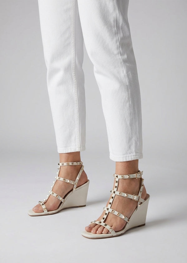 Pittedge Cream Leather Studded Wedge Sandals