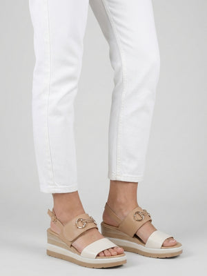 Rovell Beige Leather Snaffle Low Wedge Sandals