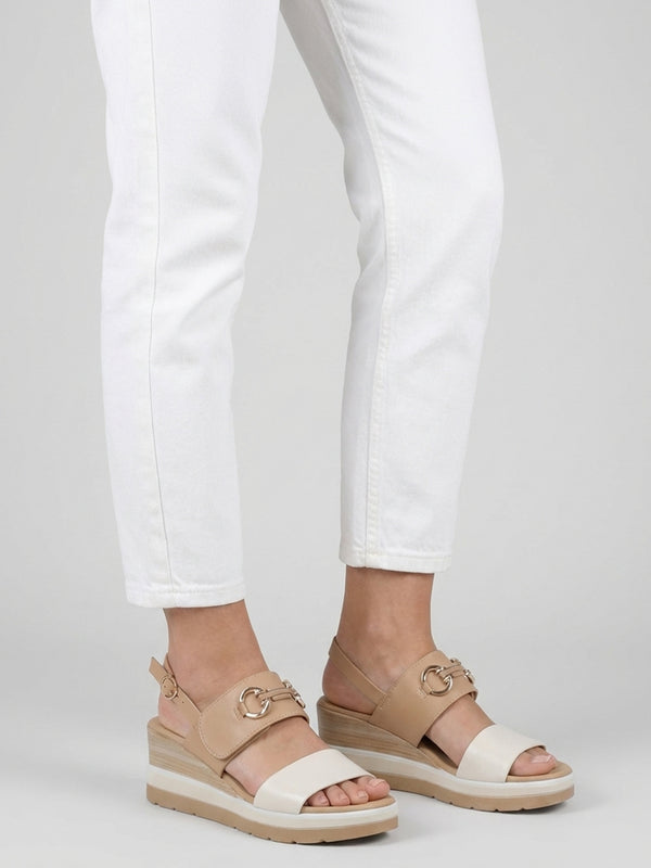 Rovell Beige Leather Snaffle Low Wedge Sandals