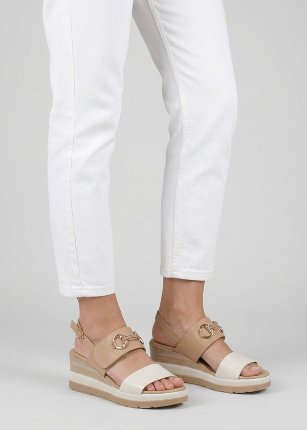 Rovell Beige Leather Snaffle Low Wedge Sandals