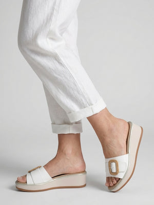 Rowhip White Leather Woven Buckle Flatform Mules