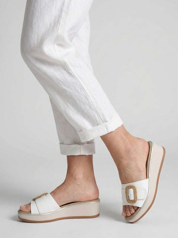 Rowhip White Leather Woven Buckle Flatform Mules