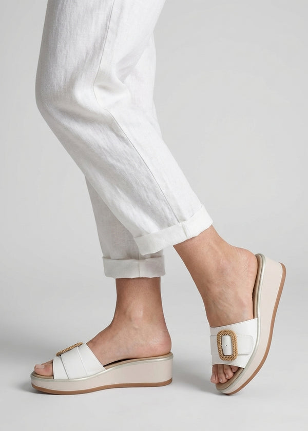 Rowhip White Leather Woven Buckle Flatform Mules