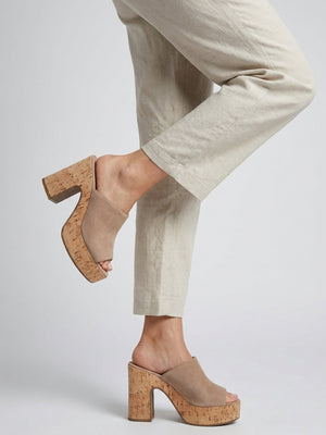 Silken Beige Suede Cork Platform Heeled Mules
