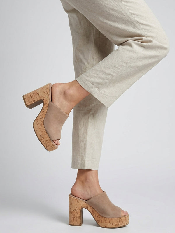 Silken Beige Suede Cork Platform Heeled Mules