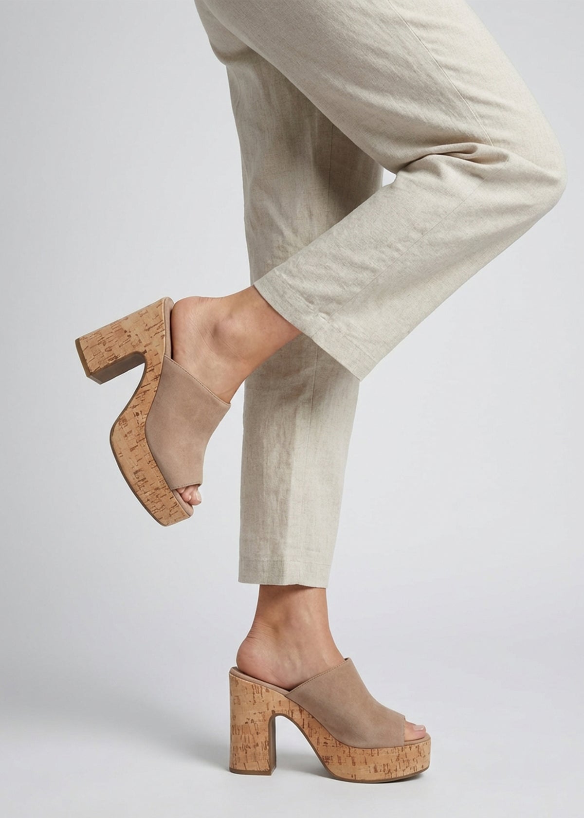 Silken Beige Suede Cork Platform Heeled Mules