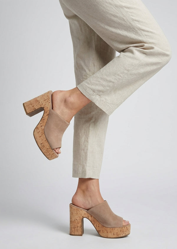Silken Beige Suede Cork Platform Heeled Mules