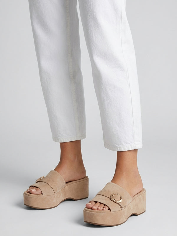 Slate Beige Suede One Bar Flatform Mules