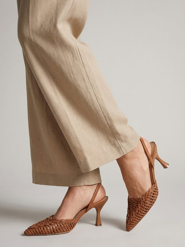 Tiffi Tan Leather Woven Sling Back Court Shoes