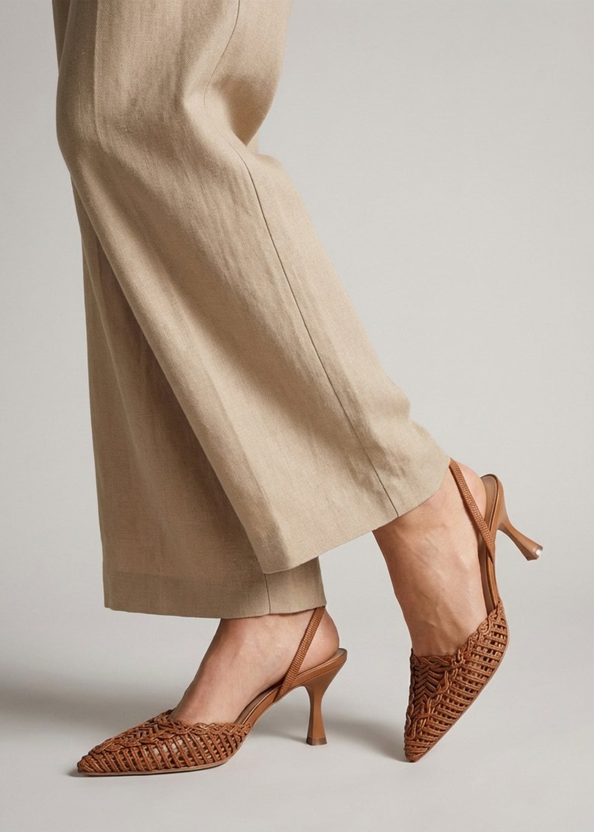 Tiffi Tan Leather Woven Sling Back Court Shoes