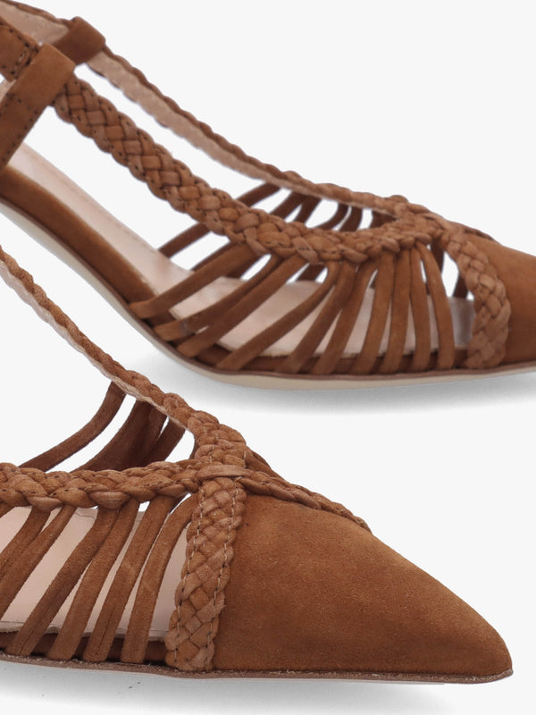 Nuri Tan Suede Plaited Cage Heel Sling Backs