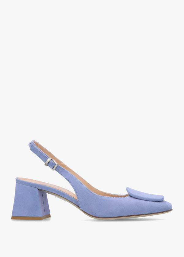 Nessie Blue Suede Block Heel Sling Backs