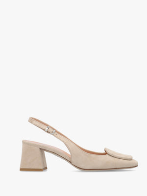 Nessie Beige Suede Block Heel Sling Backs