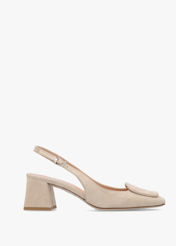 Nessie Beige Suede Block Heel Sling Backs