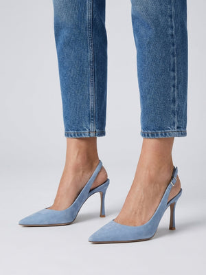 Enjoy Blue Suede Mid Heel Sling Back Court Shoes
