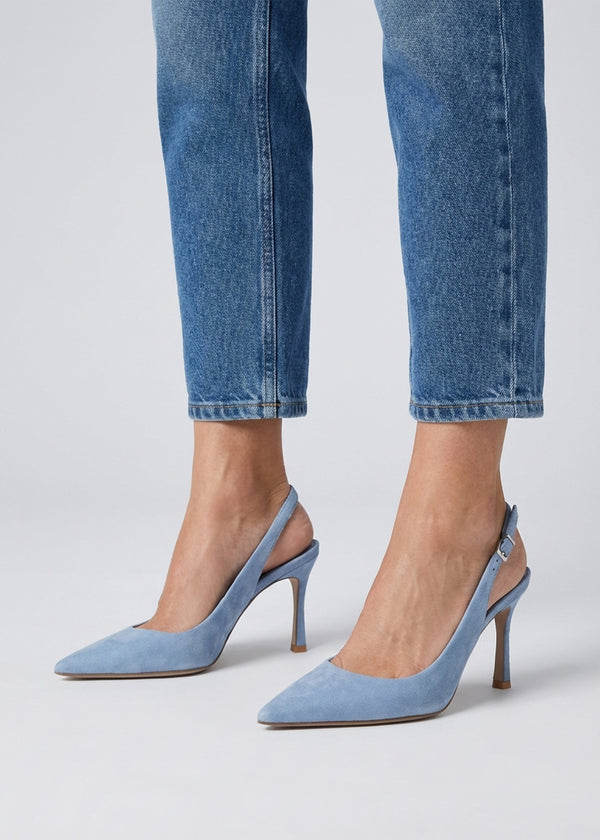Enjoy Blue Suede Mid Heel Sling Back Court Shoes