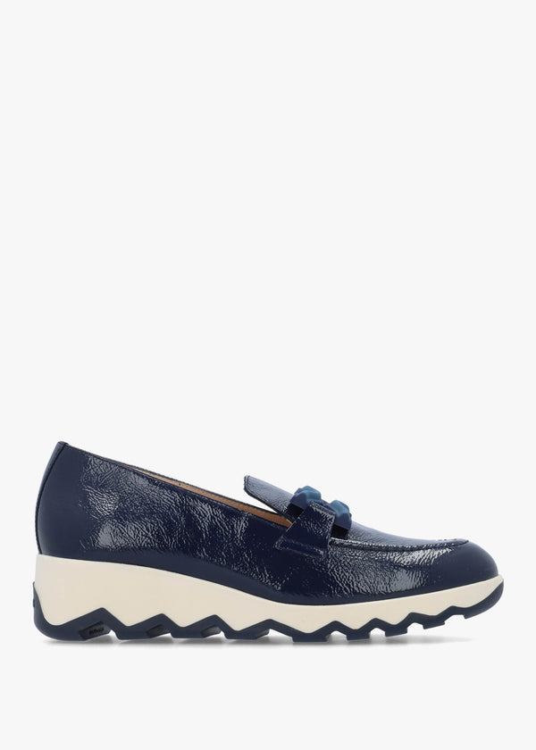 Simon Navy Patent Leather Low Wedge Loafers