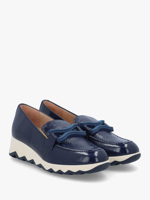Simon Navy Patent Leather Low Wedge Loafers