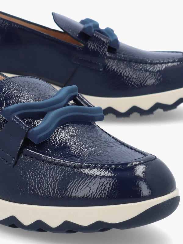 Simon Navy Patent Leather Low Wedge Loafers