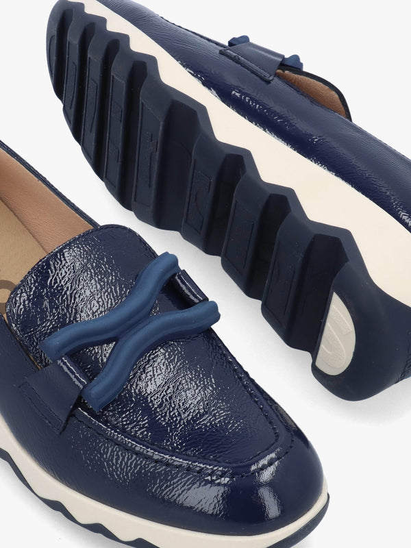 Simon Navy Patent Leather Low Wedge Loafers