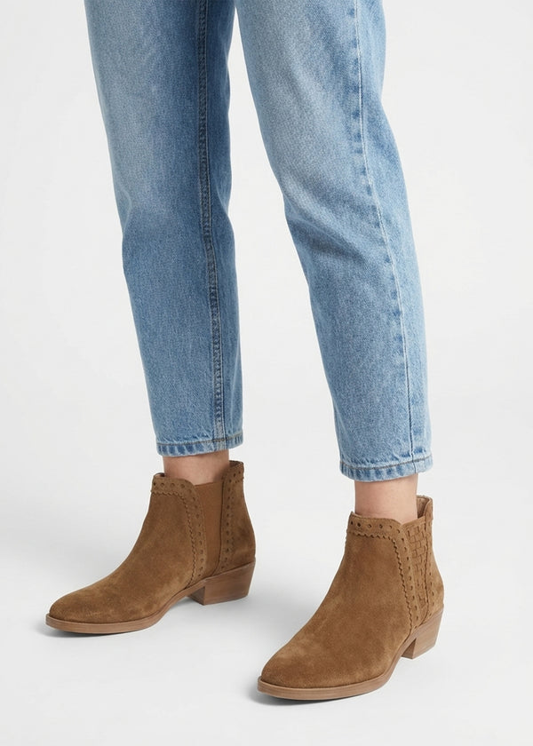 Loven Tan Suede Woven Insert Ankle Boots