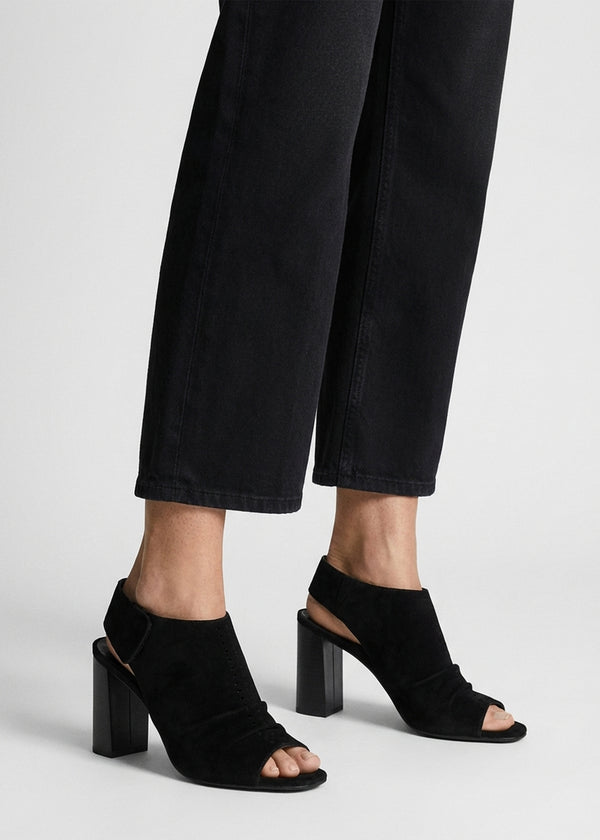 Moochy Black Suede Ruched Block Heel Sandals