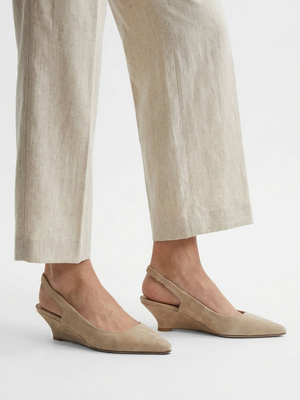 Nerys Beige Suede Low Wedge Sling Backs