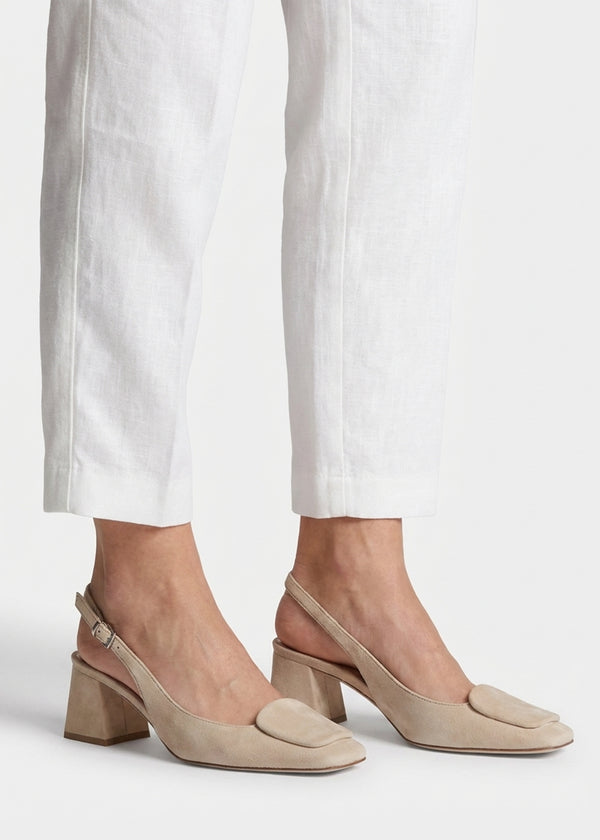 Nessie Beige Suede Block Heel Sling Backs
